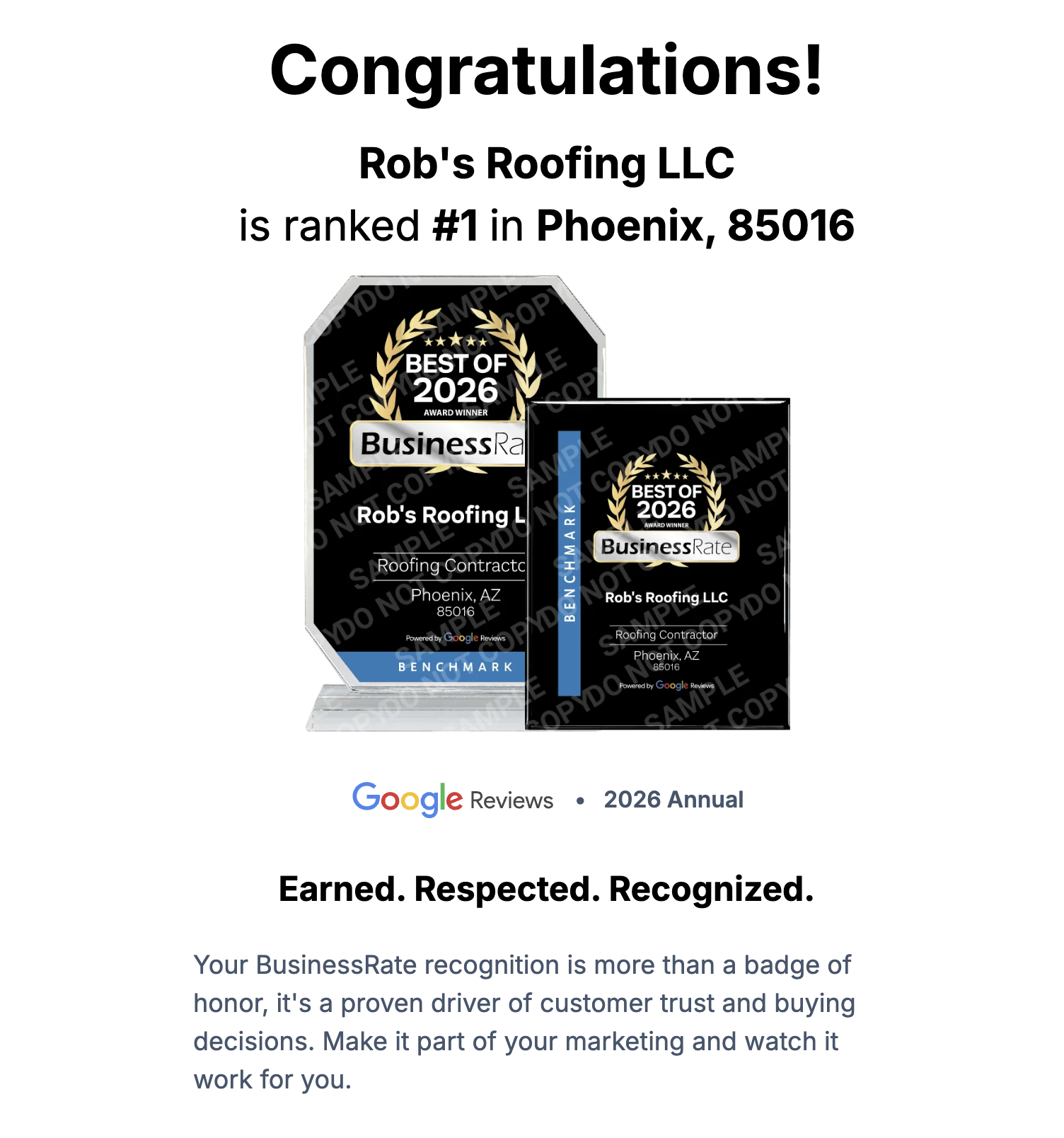 BusinessRate Best of 2026 award plaque presented to Rob's Roofing LLC, Roofing Contractor, Phoenix, AZ 85016
